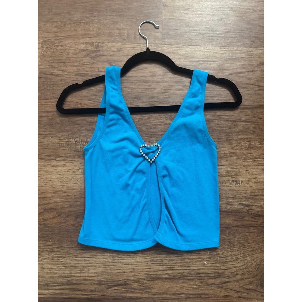 ANWND Blue Ribbed Rhinestone Heart Buckle Crop Tank Top Womens M/L Style 51700